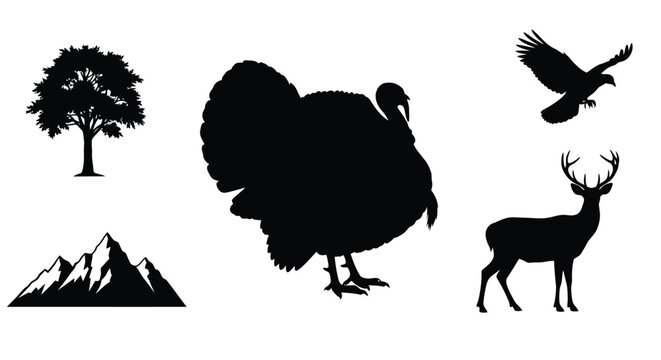 Silhouette collection featuring a turkey deer eagle tree and mountains
