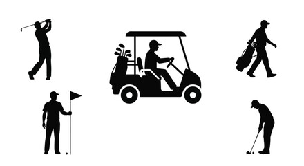 Silhouette icons depict a golfer golf cart caddie and course elements