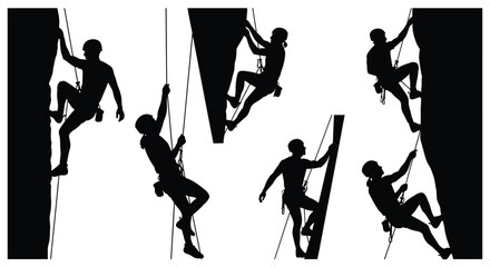 Silhouettes of rock climbers in various ascending positions against a white background