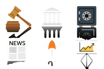 Financial icons representing banking, legal, and investment services with a safe, bank, court, news, umbrella for protection, and growing graph