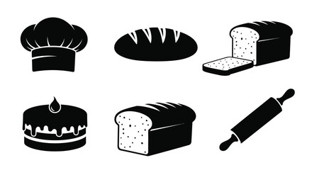 Black and white bakery icons featuring bread a chef s hat and rolling pin