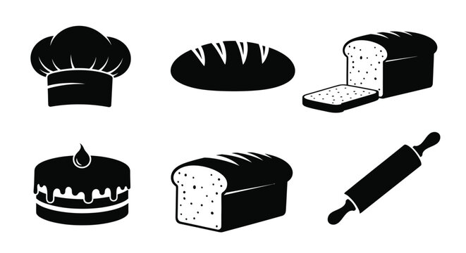Black and white bakery icons featuring bread a chef s hat and rolling pin