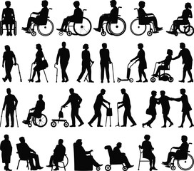 Inclusive mobility silhouettes, wheelchair users, walking aids, disability support, accessible lifestyle, elderly care, rehabilitation, 