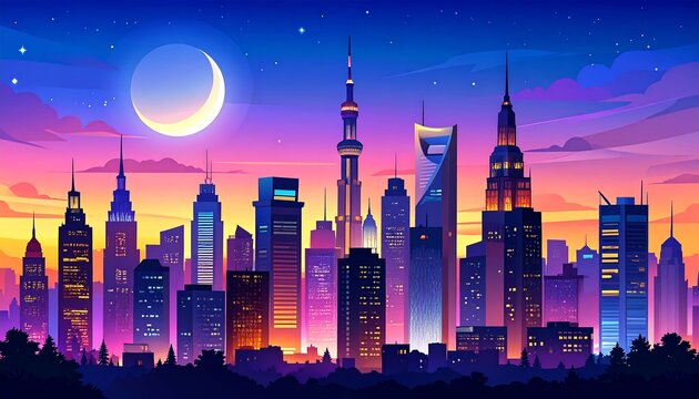 Vibrant cityscape under a crescent moon and colorful twilight sky.