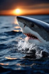 Naklejka premium Shark breaches the water at sunset near the coastline