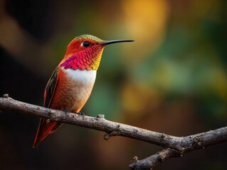 Naklejka premium Colorful hummingbird perched on a branch in a lush green environment
