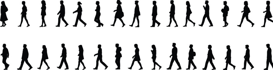 Silhouette people walking, black human figures, crowd motion, walking posture, diverse body types, animation reference, human movement, pedestrian silhouettes, walking cycle, urban crowd simulation