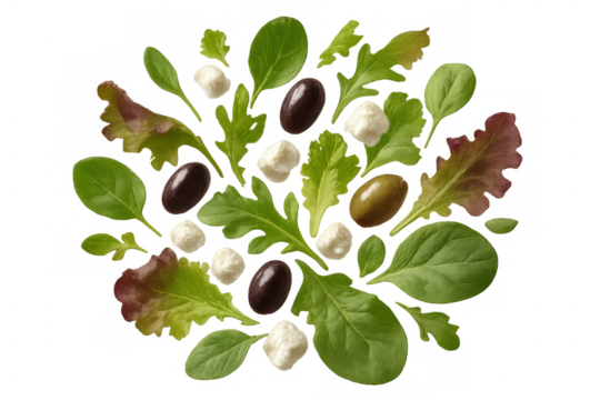 Fresh salad ingredients flying, including mixed greens, arugula, baby spinach, mozzarella, and olives, on transparent background