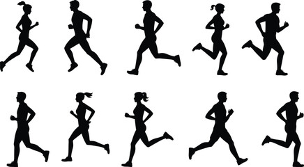 Running silhouettes, diverse runners, athletic motion, jogging figures, fitness stride, male female athletes, dynamic posture, sports movement, black silhouettes, exercise, training,