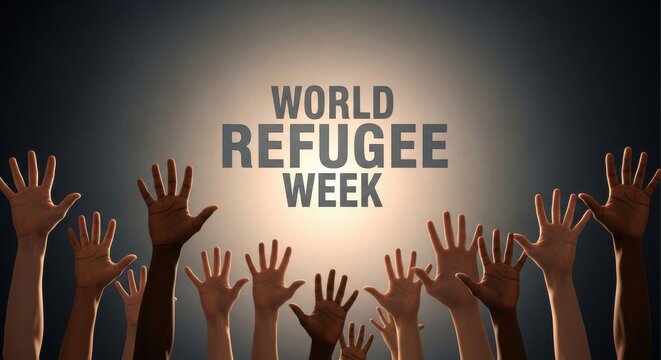 World Refugee Week raised hands community support background - Powered by Adobe