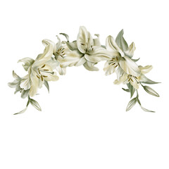 White lilies with leaves in cemicircular frame symbolizing purity,innocence,holiness communion.Hand drawn watercolor illustration for chapel ceremonies,advertisements