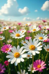 Obraz premium Expansive field, masses of blooming white & pink daisies , vibrant, sun