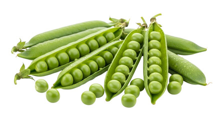 Fresh green peas in open pods isolated on white background vibrant color and natural texture symbolizing healthy organic vegetables
