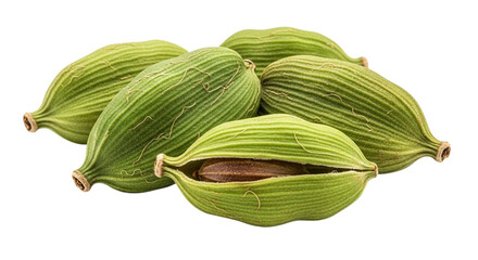 Green cardamom pods isolated on white background close-up showcasing textured outer shells and unique natural shape