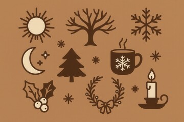 Cozy winter imagery representing seasonal elements including a warm beverage surrounded by festive symbols like snowflakes and a Christmas tree expressing holiday spirit