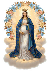 Virgin Mary Pregnant Illustration with Blue and Gold Mantle Surrounded by Flowers on Heavenly Clouds Religious Artwork of Our Lady Expecting Jesus