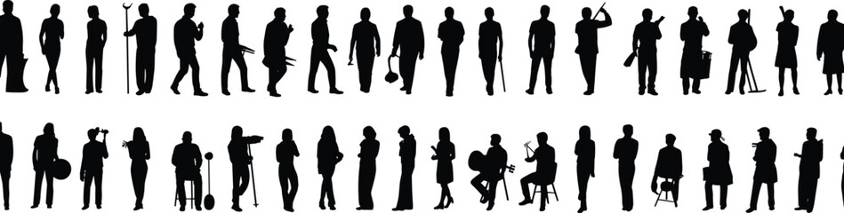 Silhouette, people, diverse, professions, activities, poses, black, shadow, lifestyle, occupation, teamwork, individuality, sports, music, tools, walking, standing, holding, dancing, 