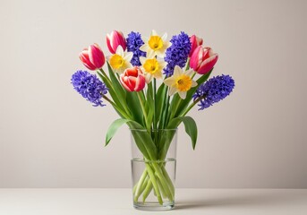 Fototapeta premium A vibrant arrangement of colorful spring blooms like tulips, daffodils, and hyacinths presented in a clear glass vase on a light background ,fresh ,white ,spring