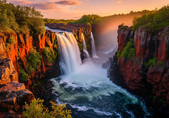 Majestic natural beauty of a powerful waterfall cascading through a rugged canyon, bathed in the warm glow of golden hour sunlight, creating a breathtaking scenic landscape