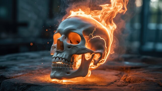Flaming skull glowing with intense fire on a rough stone surface
