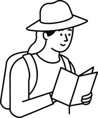 Traveler Reading Guidebook Outline Line Art Vector