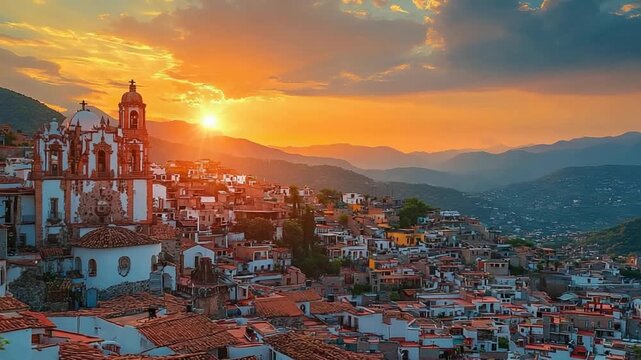 aerial drone shot of taxco city at sunset mexico video