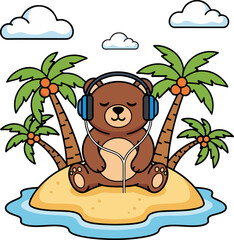 Cute Bear Listening to Music on Tropical Island Cartoon Vector
