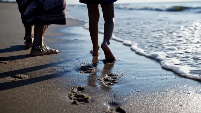 Children Walking Barefoot Along Sandy Shoreline at Water's Edge