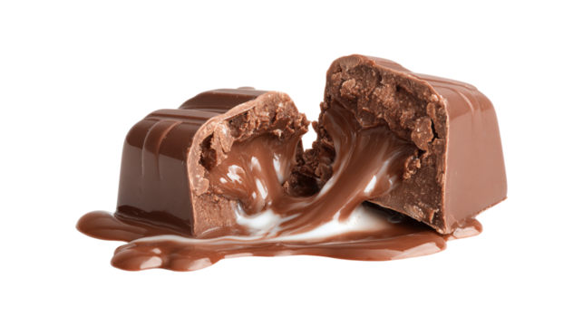 Chocolate candy split in half with chocolate and dairy flow isolated on a white background