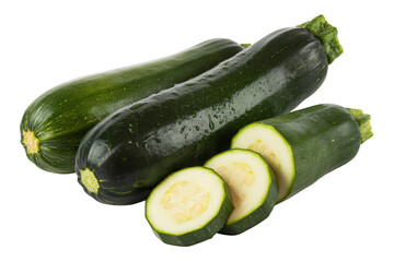 Fresh zucchini with water droplets, whole and sliced, perfect for healthy eating, cooking, and culinary projects, vibrant and ready to use