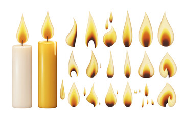 Set of realistic candle flames and two lit candles with vibrant glowing light, perfect for adding warmth and ambiance to any design project