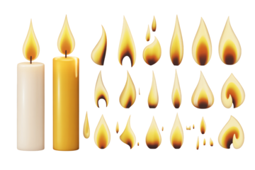 Set of realistic candle flames and two lit candles with vibrant glowing light, perfect for adding warmth and ambiance to any design project