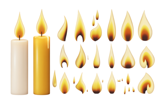 Set of realistic candle flames and two lit candles with vibrant glowing light, perfect for adding warmth and ambiance to any design project - Powered by Adobe