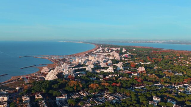 Aerial panorama of the seaside resort of La Grande Motte, in the department of H&eacute;rault, in the Occitanie region, France.