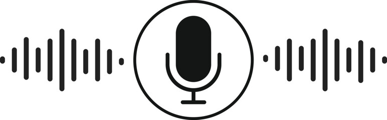 Microphone icon with sound wave symbol. Voice Recording and Audio Input Interface. Sound Control and Recording sign. Podcast Studio or Speaking Broadcast symbols