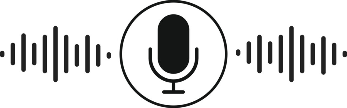 Microphone icon with sound wave symbol. Voice Recording and Audio Input Interface. Sound Control and Recording sign. Podcast Studio or Speaking Broadcast symbols
