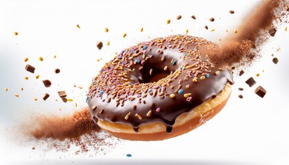 falling frosted sprinkled chocolate donut sweet doughnut isolated on white background