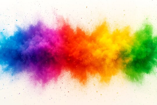 A horizontal banner image featuring a vibrant, multicolored explosion of powder or dust, resembling a rainbow spectrum  against a clean white background