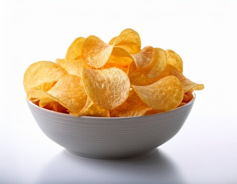 a side view of a snack bowl of savoury potato chips party food crispy nibbles isolated against a white background