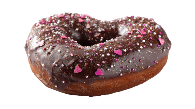 Chocolate pumpkin donut with chocolate glaze and sugar sprinkles in the form of a heart isolated on a white background