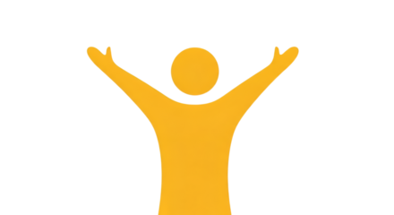 Golden figure with arms raised in a graphic, simple design against a black background.