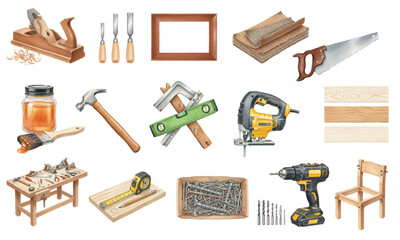 Watercolor Set of Carpentry and Woodworking Tools and Equipment