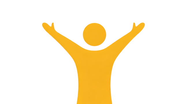 Golden figure with arms raised in a graphic, simple design against a black background.