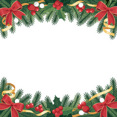 Festive Christmas Pine Garland Frame with Red Bows, Holly and Gold Bells &mdash; Empty Holiday Border for Greeting Card or Invitation