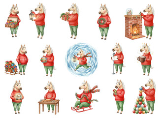 Watercolor Christmas Set of Cute Horse Characters in Sweaters