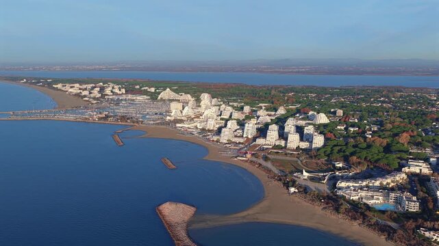 Aerial panorama of the seaside resort of La Grande Motte, in the department of H&eacute;rault, in the Occitanie region, France.