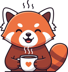 Cute Red Panda Drinking Coffee Cartoon Vector