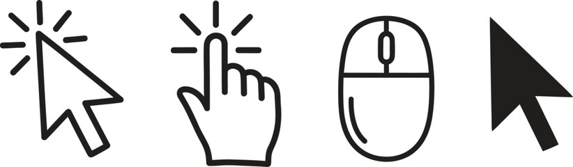 Collection of four distinct cursor icons representing computer mouse pointer hand and click actions
