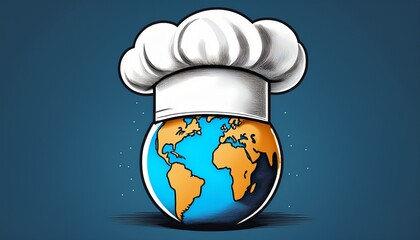 planet earth wearing white chef hat symbolizing world cuisine and international food