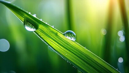 a water droplet on a blade of green grass close